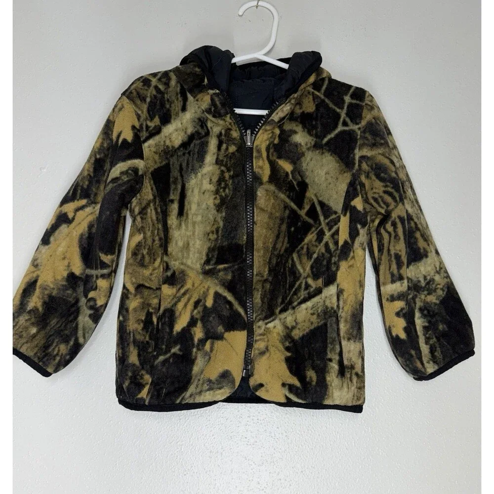 Columbia Reversible black Puffer Jacket Hooded camo Fleece Hunting Outdoor 4T